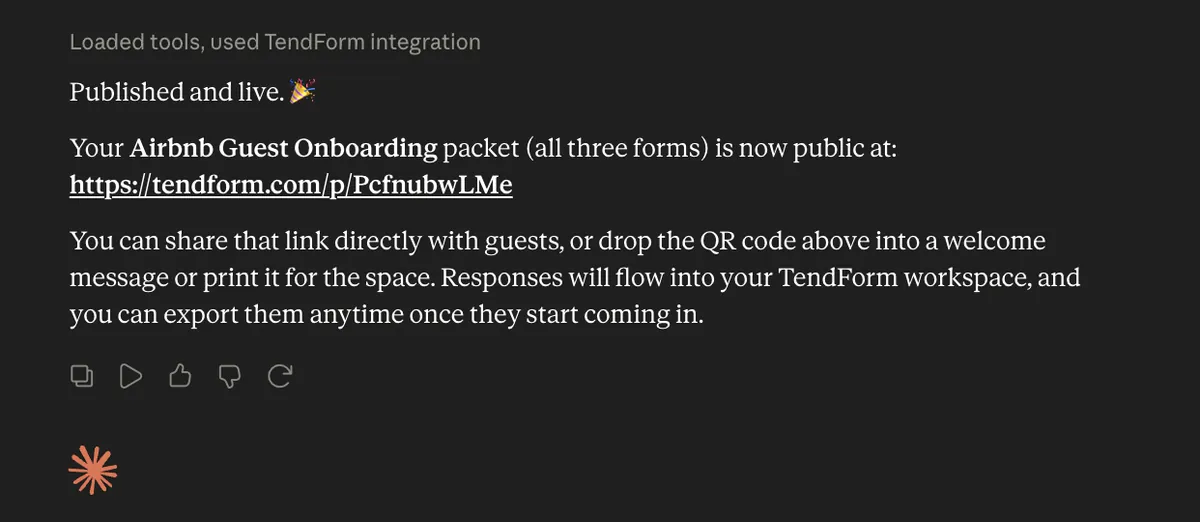 Claude drafting a guest packet's forms in TendForm from a one-line request