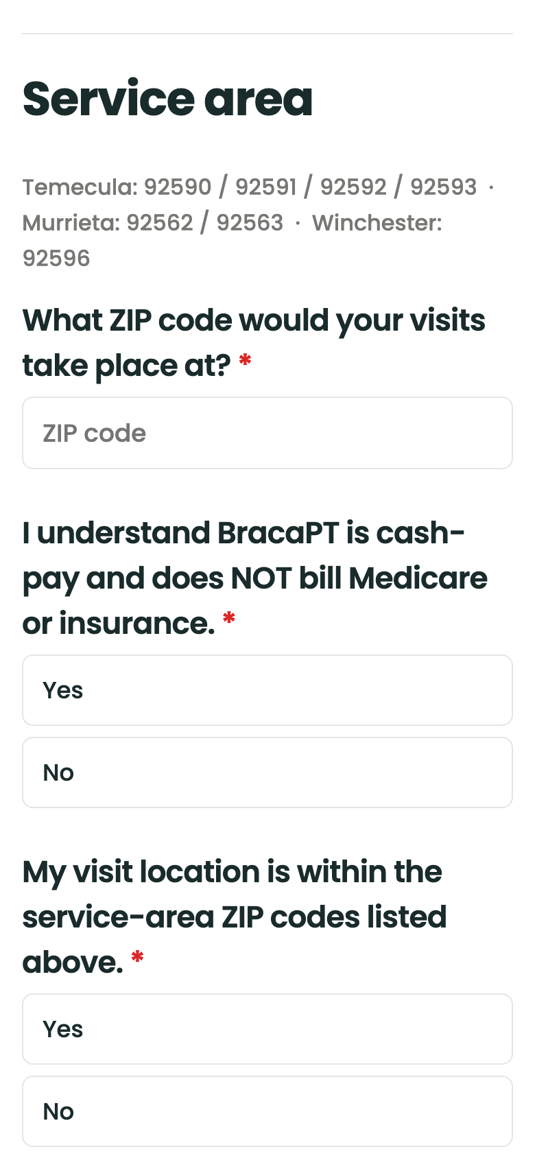 The Request to Book screener on a phone, asking for the visit ZIP code and confirming the practice is cash-pay