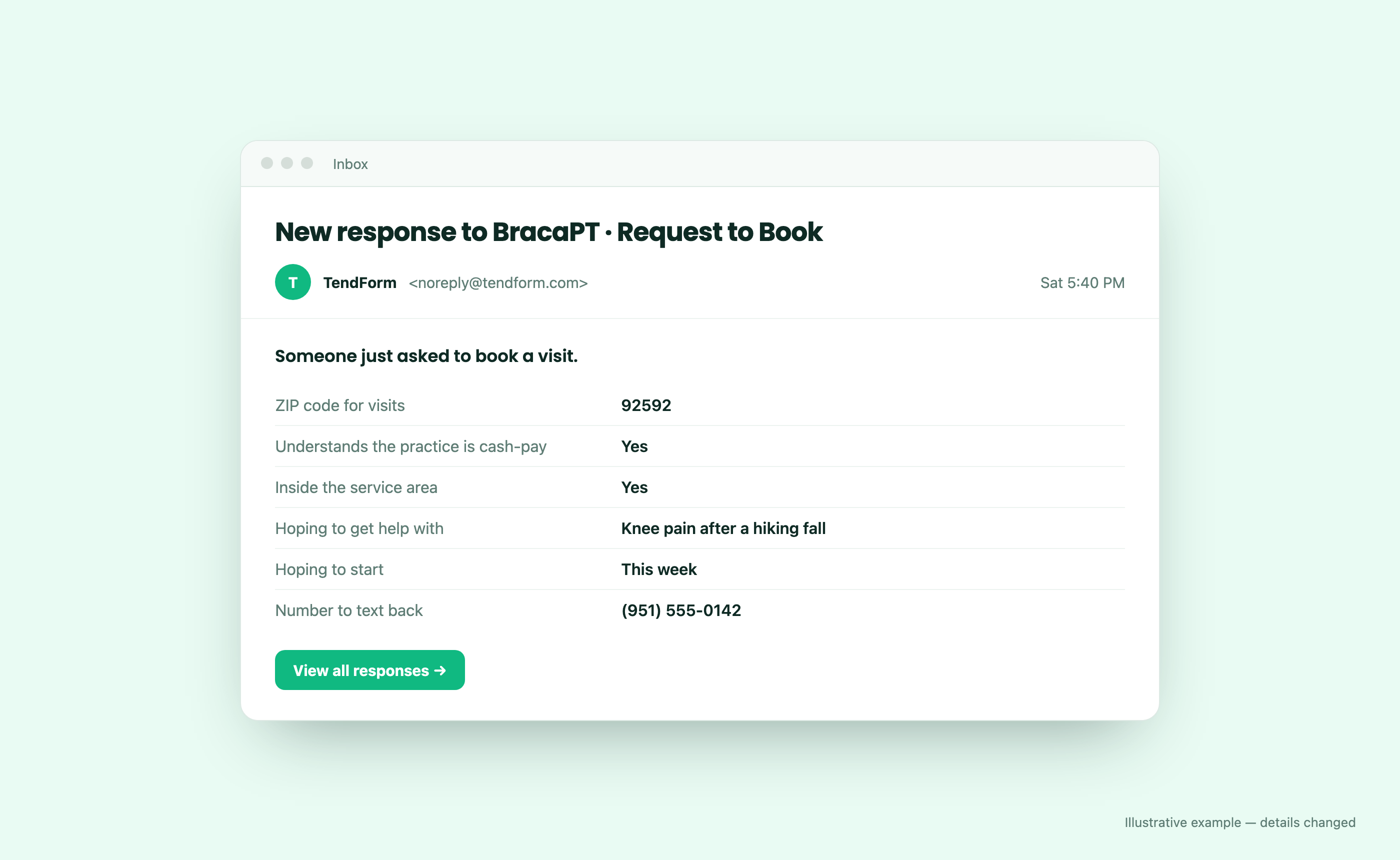 An example "New response" email showing the screener answers (details changed)