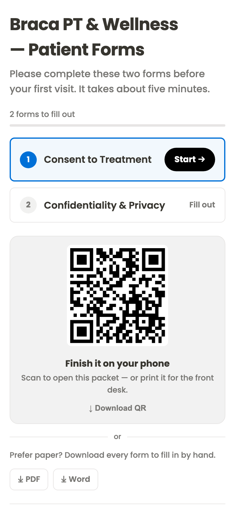 The new-patient packet on a phone: two numbered forms with a Start button, a QR code, and a paper option