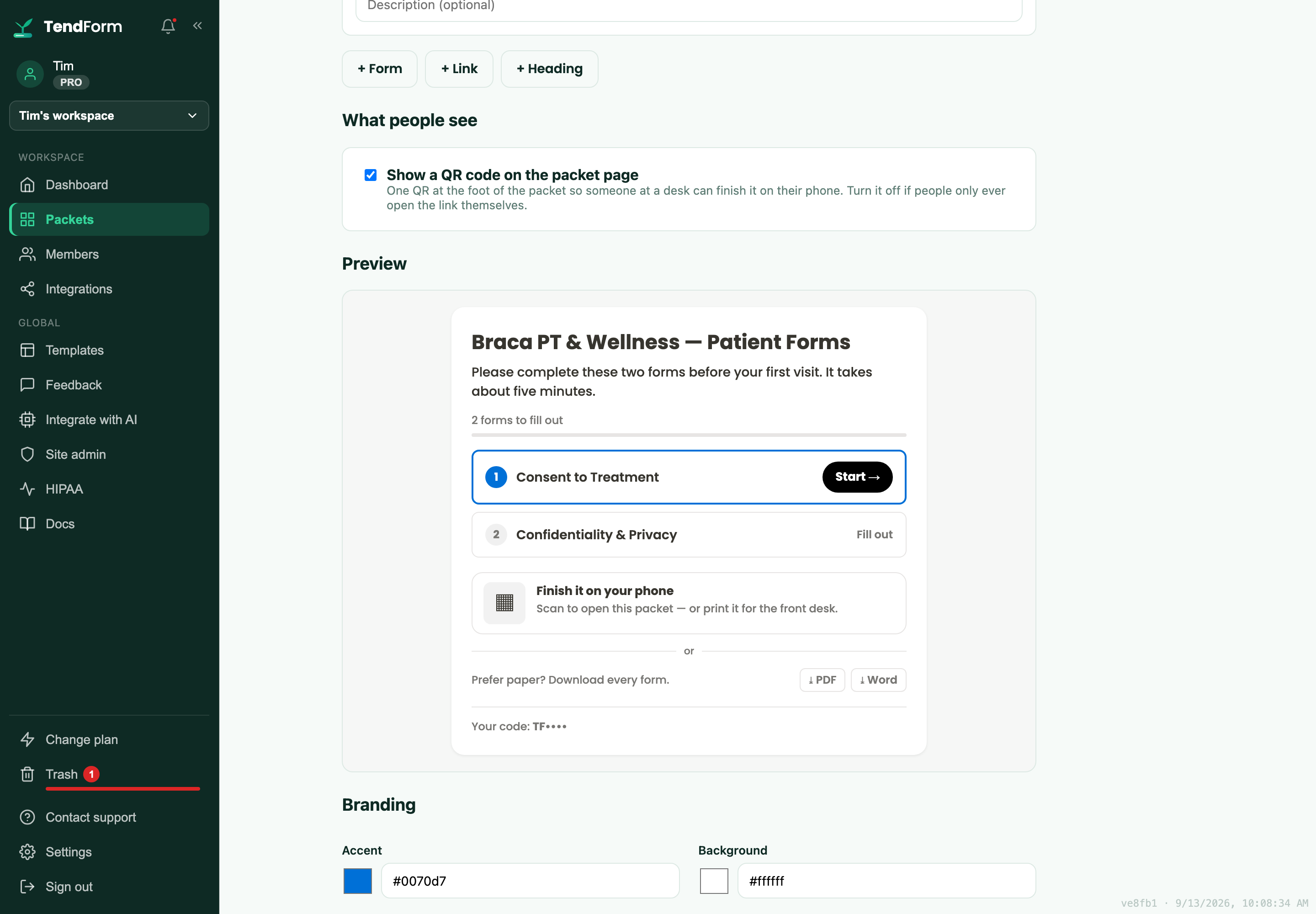 The TendForm packet editor, with a live preview of what patients will see