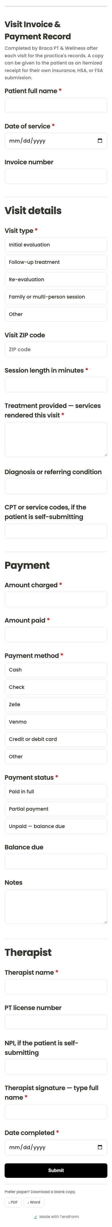 The Visit Invoice & Payment Record form on a phone, with fields for the patient, date of service, visit type, payment, and therapist signature