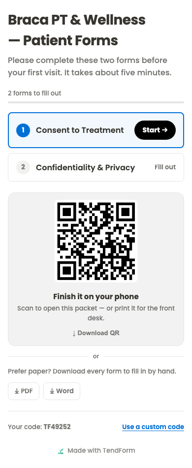 Braca PT & Wellness's patient packet on a phone: two numbered forms, the first highlighted with a Start button, a QR code, and a paper download option